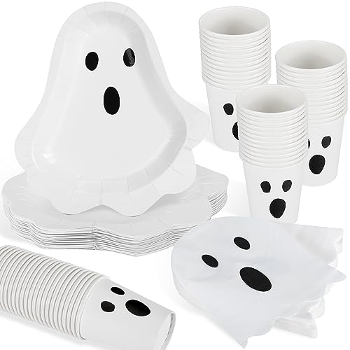 Fuutreo 96 Pcs Halloween Ghost Party Tableware Supplies Including 48 Pcs Halloween Guest Napkins 24 Pcs Ghost Shaped Plates 24 Pcs 9 oz Disposable Ghost Paper Cups Serve for 24 Guests Halloween Party
