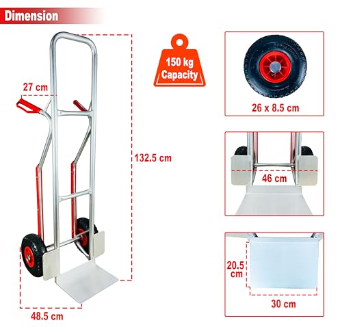 Image of Welbuilt Multi-Purpose Aluminum Hand Cart with 150kg Load Capacity and Pneumatic Wheels - Suitable for Home, Office, and Industrial Needs