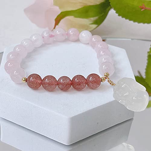 Pendentif Lapin en Quartz Rose et Bracelet Quartz Fraise Reiki Feng Shui