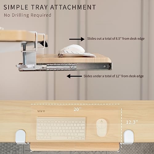 Image of VIVO Small Clamp-on Computer Keyboard and Mouse Under Desk Slider Tray, 20 x 11 inch Pull Out Platform Drawer, Light Wood, MOUNT-KB05ES-A | Keyboard Tray for Typing, Slide Out Platform, Extra Sturdy C-Clamp Mount System, Computer Drawer, White Frame