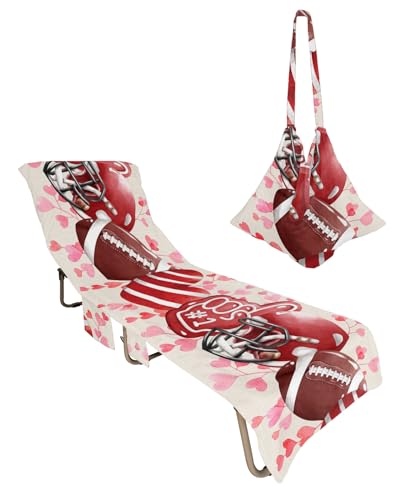 Valentine's Day Football Beach Lounge Chair Towel Cover, Soft Chaise Lounge Towel with Side Pockets Patio Pool Chairs Cover for Beach/Pool Sunbathing 29x85 Red Pink Love Heart Rugby