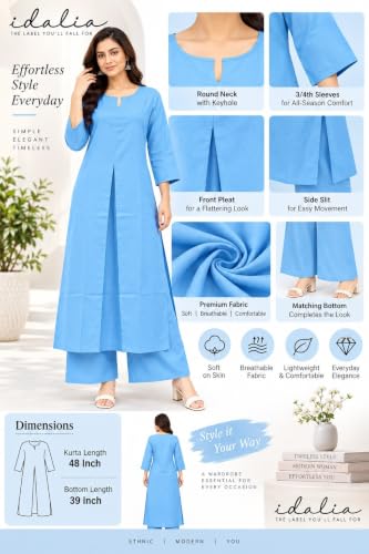 Image of idaLia Rayon Solid Straight Brown Kurta Set for Women with Palazzo 3 /4 Sleeve, Round V Neck Designer Kurta with Palazzo Pant Set