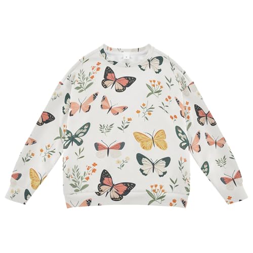 JUNZAN Cartoon Cute Butterflies White Big Girls Sweatshirt Hoodie Crewneck Kids Pullover Hoodie Party 4T