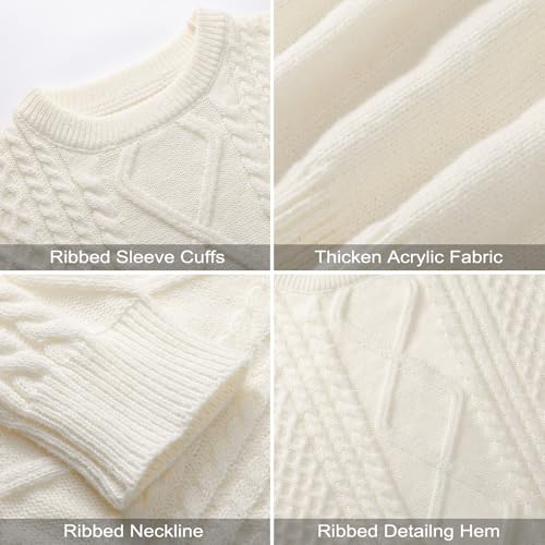 Pleneal Women Sweater Vintage Pullover Cable Knit Sweater Unisex Woven Crewneck Knitted Tops Beige4