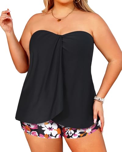 Image of Daci Plus Size Bandeau Tankini Swimsuit for Women 2 Piece Halter Swim Top with Shorts Tummy Control Bathing Suits
