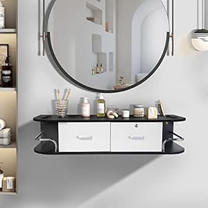 Wall Mount Salon Station,Modern Styling Station with 2 Drawers and 5 Tool Holders, Beauty Spa Barber Salon Equipment Set, Black+White……