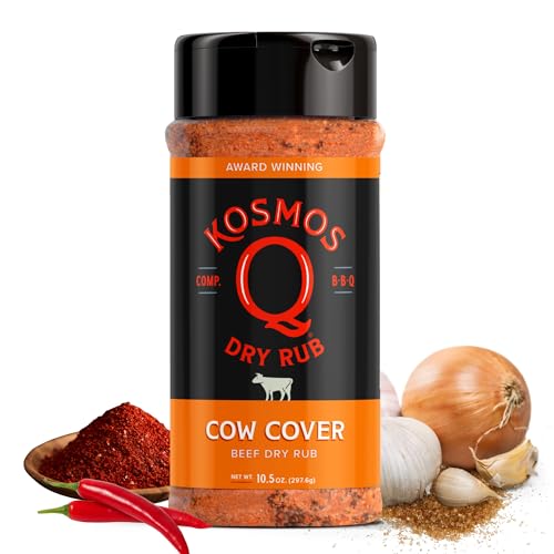 Kosmos Q Cow Cover BBQ Dry Rub, Smoky & Savory Beef Seasoning with Chili Pepper, Garlic, Onion & Paprika for Steak, Burgers, Brisket, Wild Game, Chicken, BBQ Rub for Grilling & Smoking, 10.5 Oz Shaker
