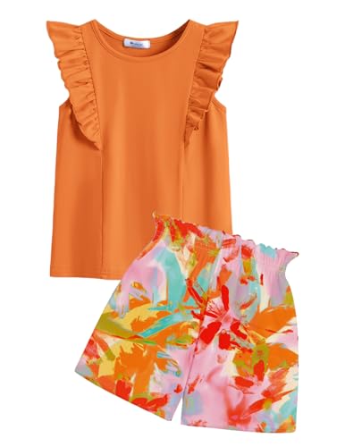 Image of Arshiner Girls Clothes Summer Outfits Ruffle Sleeve Tops and Paperbag Waist Shorts with Pockets Kids Clothing Set