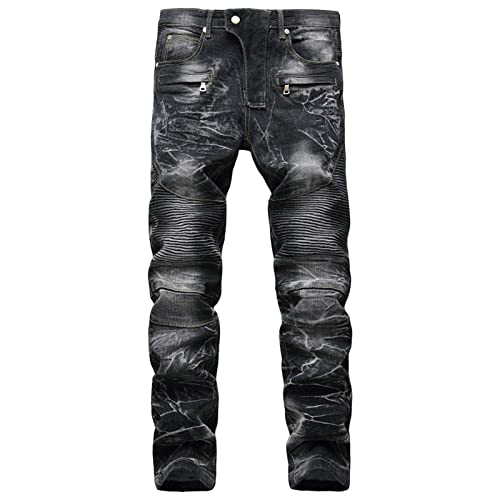 Men's Moto Biker Distressed Jeans Zipper Deco Washed Straight Fit Jean Vintage Casual Slim Stretchy Denim Pants (Black,29)