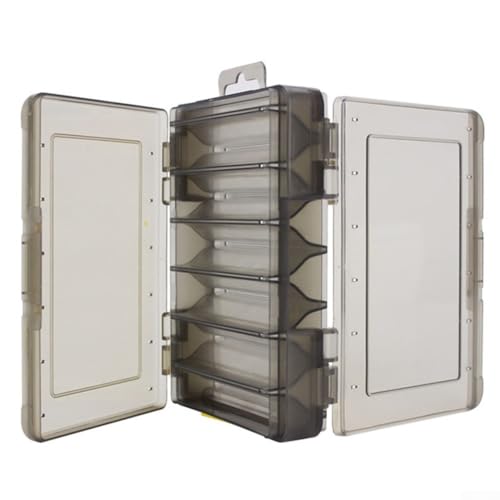 Dolvitrny Caja de aparejos de pesca de doble cara, organizador de cebo y anzuelo de polipropileno translúcido con apertura de 180°, almacenamiento compacto de doble compartimento para señuelos