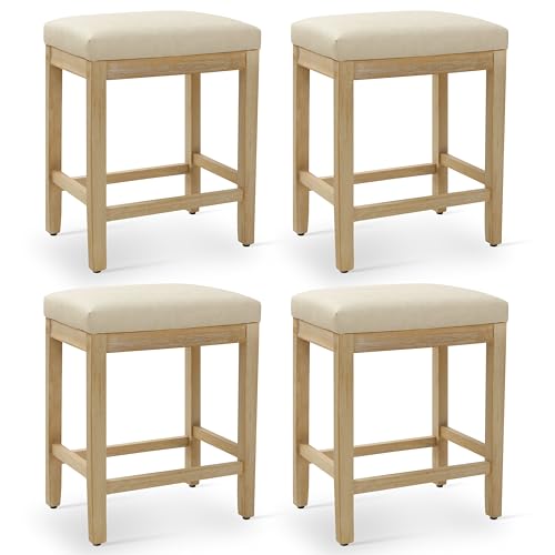 Image of RNKSFX Counter Height Bar Stools Set of 4 for Kitchen Counter Farmhouse Modern Backless Barstools with Faux Leather Upholstered Seat and Solid Wood Legs 24 inch Bar Chairs, Khaki + Wood Color