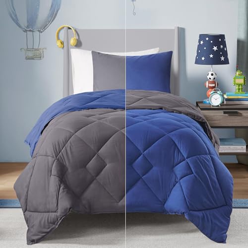 Image of Comfort Spaces a‚¬a€oe Vixie Reversible Goose Down Alternative Comforter Mini Set - 2 Piece a‚¬a€oe Navy and Charcoal a‚¬a€oe Stitched Geometrical Diamond Pattern a‚¬a€oe Twin /Twin XL Size, Includ