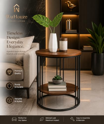 Image of Modern Double-Top Coffee Table with Rustic Farmhouse Accent, Multipurpose Living Room Bedroom, Two-Tier Small Sofa Side Bedside Table with Metal Frame Nightstand (Black Brown)