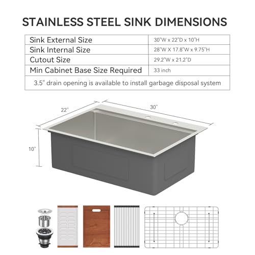 LORDEAR 30x22 Inch Drop In Kitchen Sink Stainless Steel Workstation Kitchen Sinks 16 Gauge Single Bowl Sink with Ledges 30 inch Topmount Kitchen Sinks Round Corners by Lordear - Used condition - Image 6