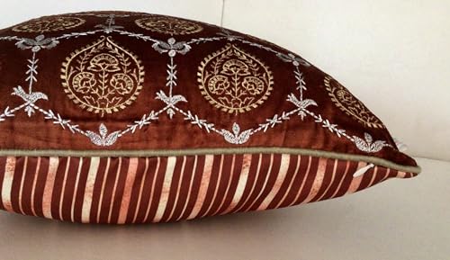 Image of TARA- Sparkling Homes 18 x 18 Inches Zari Embroidered Velvet Cushion Covers, 'Padmini' from 'The Royal Collection', Set of 1 (Burnt Orange, 18 x 18 Inches)