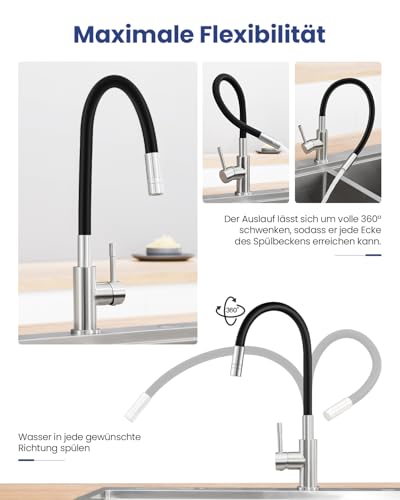 Sofetiy Flexible Küchenarmatur Schwarz, Wasserhahn Küche mit 2 Wasserstrahlen, Mischbatterie Küche Schwarz, 360°Armatur küche mit Flexiblem Auslauf, Spültischarmatur Hochdruck Edelstahl, Kitchen Tap