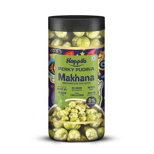 Image of Happilo Premium Makhana Perky Pudina Jar 80g | Roasted Foxnuts, Phool Makhana | Healthy Snacks | Low Calorie, Vegan & Crunchy