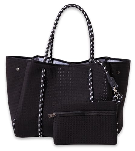 POPUPS Large Neoprene Tote Bag for Women - Everyday Designer Handbag for Travel Work and Beach with Pockets and Zipper Pouch (Basic Black)