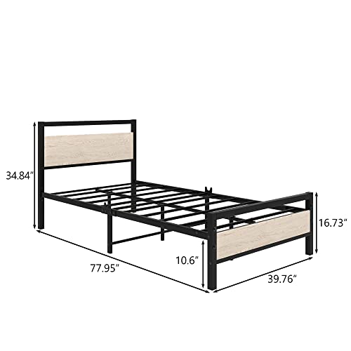 Image of HOJINLINERO Twin Bed Frames with Wood Headboard,Metal Twin Platform Bed Frame No Box Spring Needed,Heavy Duty Steel Slats,No Noise,Black and Teak Oak
