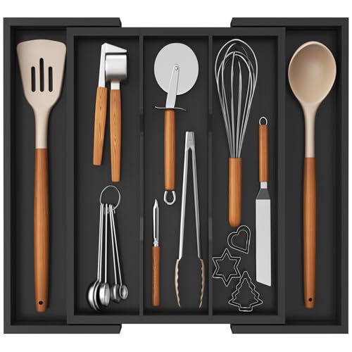 Lifewit Organizador Cajon de Utensilios Cocina, Bandeja para Cuchillos Extensible, Bambu Separador Set Cubiertos, Ajustables Divisores para Almacenaje Herramientas y Gadgets de Espátula, Grande Negro