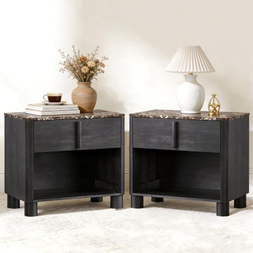 Image of 27 inch Wide Nightstand with Drawer and Open Shelf, Faux Marble & Wood Bedside Table, Modern Curved Side Table with Rounded Body and Cylindrical Legs, Large End Table for Bedroom,Black Grey