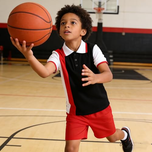 Image of Boys 2 Piece Outfits Short Sleeve Basketball Pattern T-Shirt and Shorts Summer Clothes for Kids 5-12 Years