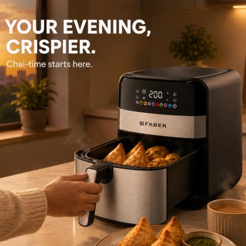 Image of Faber 7L 1600W Digital Air Fryer | Fry, Bake, Roast, Toast, Defrost, Grill & Reheat | 85% Less Oil, 360 Air Cooking | 8-Preset Menu, LED Display & Touch Control| Non-Stick Pan | FAF EVA 7.0L BK
