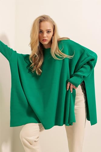 Image of Women's Crew Neck Batwing Sleeve Split Hem Oversized Knit Poncho Sweater
