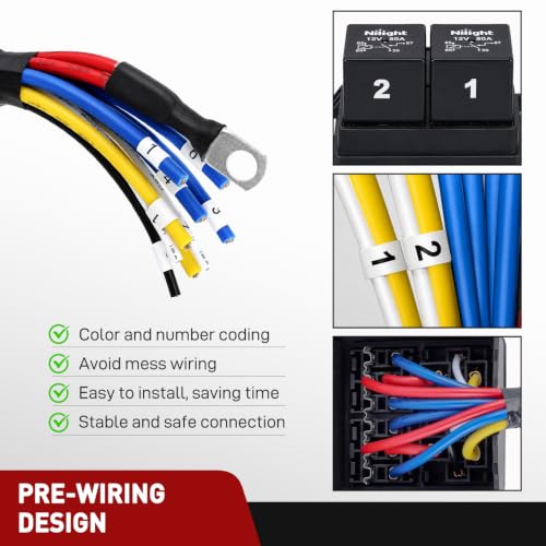 Image of Nilight 12V Fuse Relay Box 2 Relays 4pin 80A 6 Fuses Pre-Wired Block Kit | 6-Way ATC /ATO Blade Fuses Holder 12AWG Pre-Wired Relay Box Universal for Automotive Car Truck Camper Boat