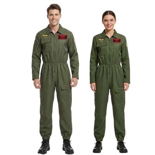 Joyincoser Disfarce de piloto de combate para mulher, homem, avião de combate, cor verde militar, roupas militares soltas, cosplay para adultos, carnaval, Halloween, festa (L)