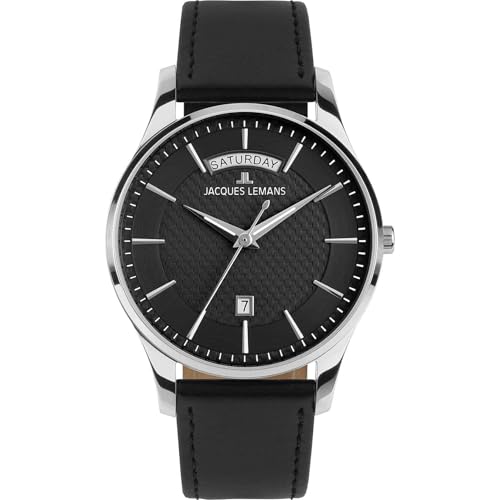 JACQUES LEMANS Herrenuhr London mit Lederband Schwarz 1-2193A