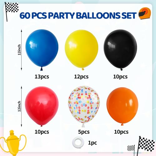 Image of Biapian Race Car Balloons Set, 60 Pcs Cars Party Decorations, 12 Inch Colorful Confetti Royal Blue Red Yellow Orange Black Party Balloon for Boys Kids Race Car Themed Birthday Baby Shower Decorations