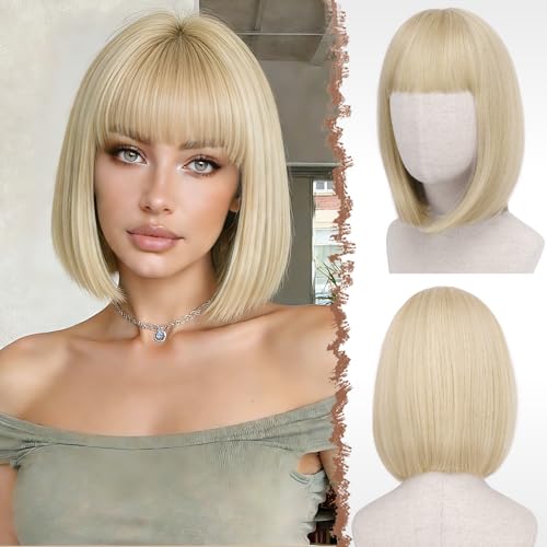 FESHFEN Biondo Chiaro Parrucca Bob Corta con Frangia, 30cm Dritto Colorato Parrucche Corte Sintetiche Parrucches per Donna Partito Cosplay Costume Quotidiano Uso Carnevale Bob With Bangs