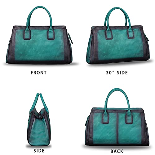 Image of Genuine Leather Top Handle Handbag Satchel for Women Handmade Vintage Handbags Purse Retro Cowhide Crossbody Hobo Bag Purses (Cyan)