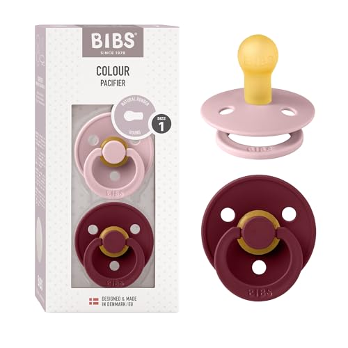 Image of BIBS Pacifiers Colour Collection | Natural Rubber Baby Pacifier | Set of 2 BPA-Free Soothers | Made in Denmark | 0+ Months (Pack of 2) | Pink Plum/Elderberry | Natural Rubber | BPA-Free | Danish Design | Airflow Holes | Comfort Shield