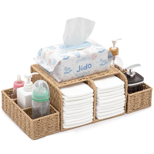 Fiwochic Large Wicker Diaper Caddy Organizer Detachable Modular Changing Table Organizer for Nursery Woven Diaper Storage Dispenser Rattan Basket for Nursery Diapering Baby Shower Essentials Gift