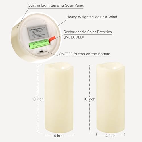 Image of NURADA Large Outdoor Solar Candles Waterproof - 10 inch x 4 inch Rechargeable Solar Powered Flameless LED Pillar Flickering Candle for Patio Porch Lanterns Decor - Ivory Set of 2