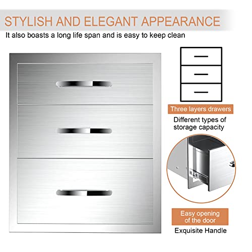 Image of 18''W x 24''H x 23''D Outdoor Kitchen Triple Access Drawers Stainless Steel, Flush Mount BBQ with Handles BBQ Island for Outdoor Kitchens or Patio Grill Station