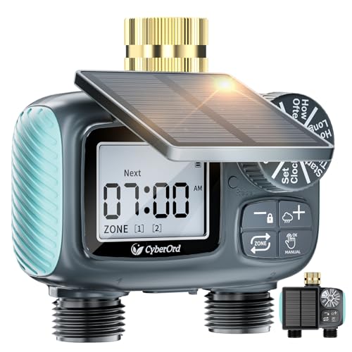 Programmateur d'arrosage Solaire CyberOrd 2 Zones, Arrosage Automatique pour Jardin avec Charge Solaire, Minuteur Arrosage Automatiquee avec Modes...