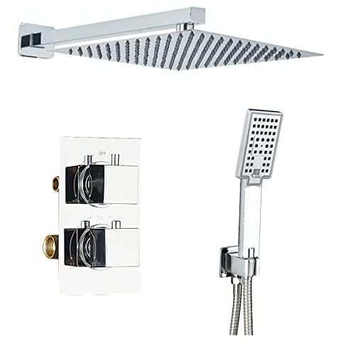 Plumbsys Thermostatic Concealed Shower Mixer Valve with Diverter, Thermostatic Shower Set with Overhead Shower and Handshower Kit, Modern Shower, Chrome Cover