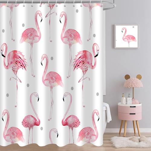 Caheansi Flamingo Shower Curtain Hot Pink Flamingo with Grey Polka Dot Cute Girly Bathroom Curtain Waterproof Fabric Machine Washable with Hooks 72 Wx72 L