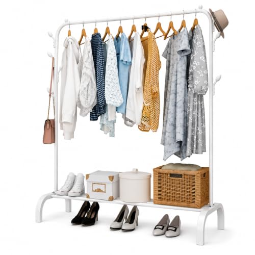 Image of Metal Multifunctional Heavy-Duty Quality Garment Stand Cloth Rack Freestanding Storage Organizer with Bottom Shelves Adjustable Folding Single Pole for Living Room (White)