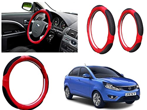 Image of Microfiber Car Steering Wheel Cover, Soft Padding Great Hand Feel, Anti-Slip, Faux Leather Steering Cover for Tata Zest | Black Red Jali - Pack of 1