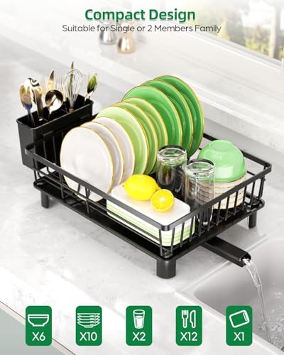 Image of HomeCloud Stainless Steel Dish Drying Rack for Kitchen Counter with Feet, 38 x 28 x 15 cm, Anti-Rust Dish Drainer with Smart Drainage Tray & Cutlery Holder (Black)