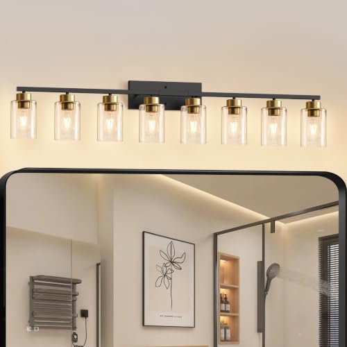 Image of IZORRO Bathroom Light Fixtures, Modern Vanity Lights, Bathroom Lighting Fixtures Over Mirror with Clear Glass Shade, Wall Sconce for Living Room Cabinet Bedroom (Black and Gold, 8-Light)