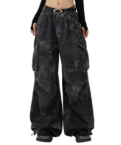 Women's Vintage Camo Snake Print Cargo Jeans Loose Fit Hip Hop Wide Leg Denim Streetwear Pants