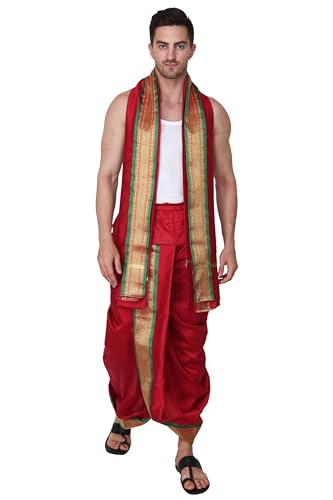 Image of Rameshwaram Fabrics Readymade Dhoti for Men, Velcro Style Stitched Mens Silk Dhoti Pant with Stole Set