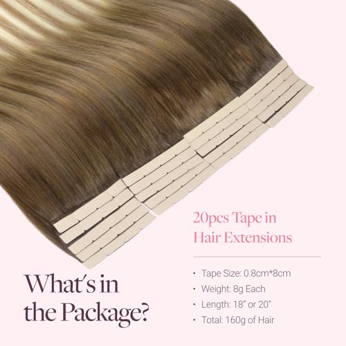 Image of GOO GOO Tape In Weft Hair Extensions Human Hair, 3 /8 /613 Walnut Brown to Ash Brown and Bleach Blonde, 8cm Wide Tape, 20inch 20pcs 160g, Tape Weft Hair Extensions, Seamless Tape in