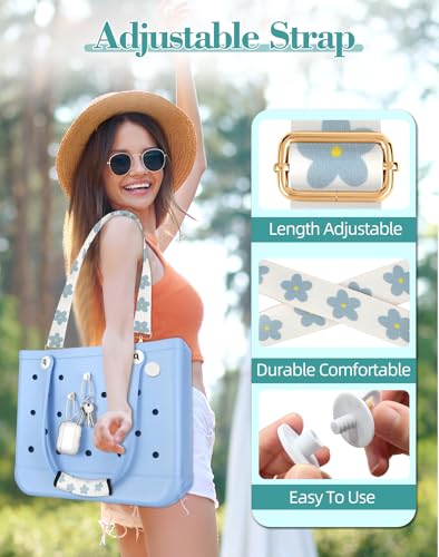 Bag Strap Charms Crossbody for Bogg Bag Accessories - Shoulder Strap Neoprene Luggage Handle Wrap for Suitcase & 2 Key Holders Blue Flower2