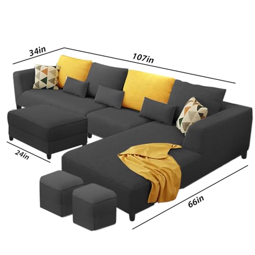 Image of Casaliving Minta 8 Seater L Shape Sofa Set with Ottoman & 2 Puffy for Living Room (8 Seater - RHS, Black)